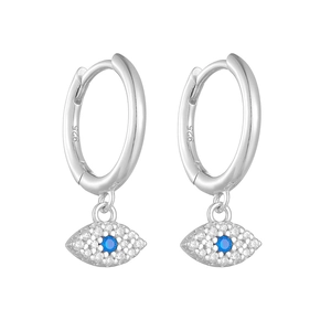 Detailed view of S925 sterling silver evil eye earrings with blue and white zircon stones
