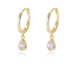 Boucles d'Oreilles Créoles Vintage en Argent Sterling 925 avec Zirconia Goutte pour Femmes Boucles d'Oreilles Pendantes en Zircone Cubique Taille Poire Plaqué Or