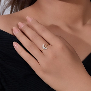 Detailed view of an S925 sterling silver moon ring with micro-paved cubic zirconia stones