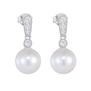 Macro view of S925 sterling silver stamp and sparkling diamond inlay on pearl earrings