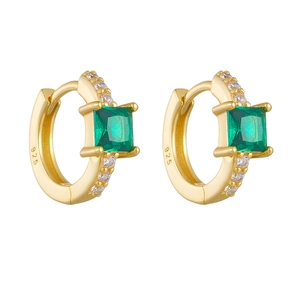 925 Sterling Silver Gold Huggie Earrings with Emerald Cut Zircon and White Accents