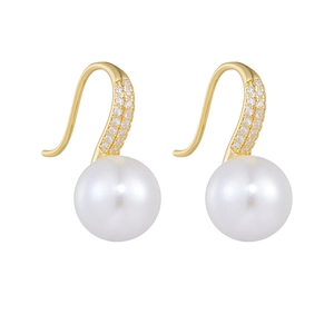 Elegant gold drop earrings featuring micro-set zircon hooks and round white pearls