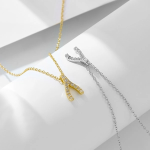 Minimalist S925 sterling silver wishbone necklace with pavé zircon in gold and silver