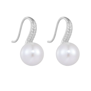 Close-up of elegant S925 silver pearl drop earrings with micro-pave cubic zirconia crystals