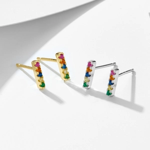 S925 sterling silver rainbow bar stud earrings with multi-colored crystals in gold and silver