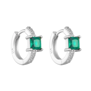 Detailed view of 925 silver hoop earrings with emerald-cut green cubic zirconia stones