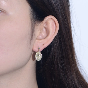 French vintage oval Virgin Mary embossed sterling silver earrings in gold plating