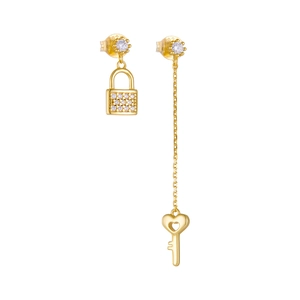 Asymmetric S925 silver long chain tassel earrings with gold lock and key design