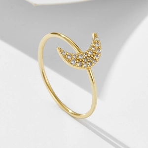 Minimalist S925 sterling silver gold moon ring with pavé zircon stones for women