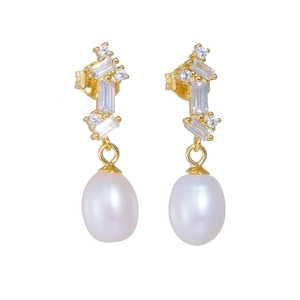 S925 sterling silver vintage pearl drop earrings with baguette zircon and teardrop pearls