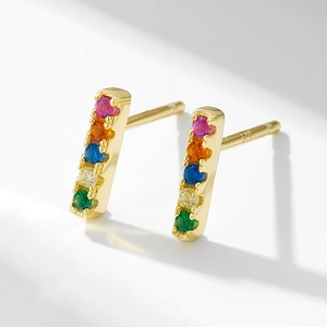 S925 Sterling Silver Minimalist Vertical Bar Stud Earrings With Colorful Zirconia Inlaid Geometric Hoop Jewelry For Women