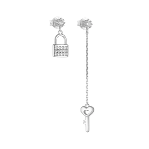 Detail of S925 silver asymmetric earrings featuring a lock and key with zircon inlay