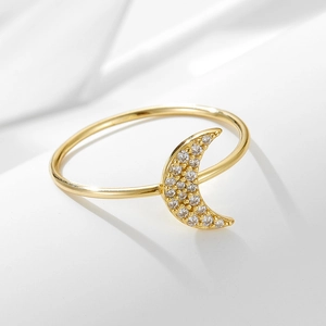 Elegant gold S925 sterling silver moon ring featuring micro-pave cubic zirconia crystals