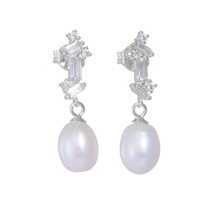 Detail of S925 silver vintage earrings featuring freshwater pearls and square zircon stones
