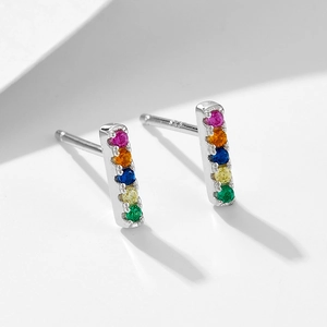 Elegant S925 sterling silver bar stud earrings with rainbow colored cubic zirconia gems