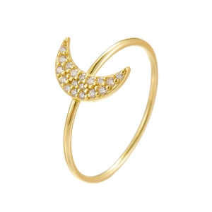 Elegant gold S925 sterling silver moon ring with micro-pave white zircon stones