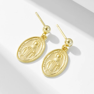 French Vintage 925 Sterling Silver Miraculous Medal Stud Earrings Gold Plated Embossed Virgin Mary Religious Women Jewelry