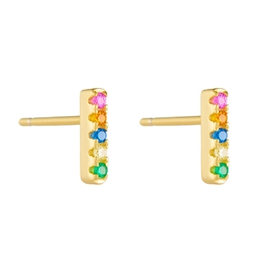 Gold s925 silver bar earrings featuring vertical rainbow zircon gemstones in a minimalist style