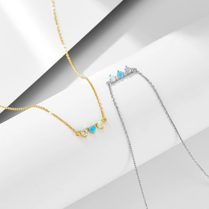 Minimalist sterling silver necklace with three-stone opal and zircon bar pendant set