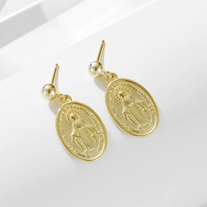 French vintage gold-plated oval Virgin Mary portrait medallion drop earrings for women