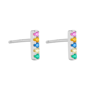 Close-up of S925 silver stud earrings featuring five multi-colored rainbow cubic zirconia