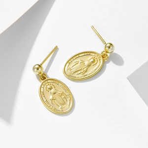 French vintage oval Virgin Mary relief drop earrings in gold plated sterling silver