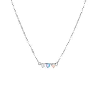 Close-up of sterling silver necklace featuring three horizontal opal and zircon stones