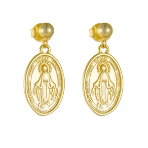 Vintage gold oval medallion earrings featuring Virgin Mary relief and sphere studs