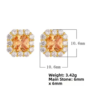 Detailed view of 10.6mm square orange zircon earrings with silver halo and dimensions