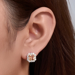 Elegant s925 sterling silver halo stud earrings with champagne square zircon on ear