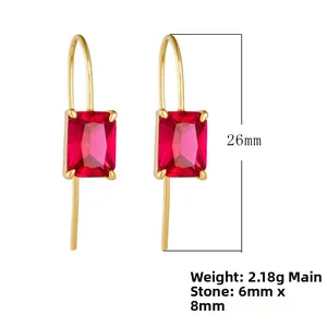 Detail view of gold earrings with 6x8mm red square zircon and size specifications