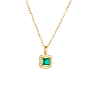 Collier en argent S925 avec pendentif carré en zircon émeraude sur chaîne dorée
