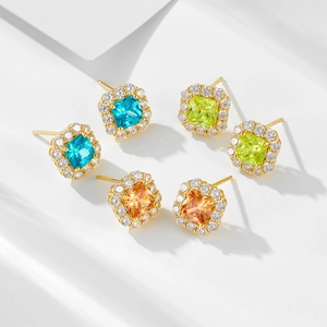 925 Sterling Silver Square Zirconia Stud Earrings For Women Luxury 14K Gold Plated Halo Colorful Gemstone Earrings Wedding Jewelry