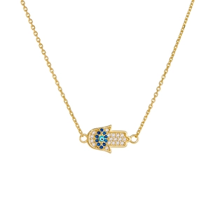 Collier Hamsa doré avec zircons micro-pavés et pendentif œil bleu de protection