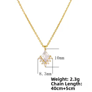 Detail view of gold geometric rhombic necklace with cubic zirconia and size dimensions