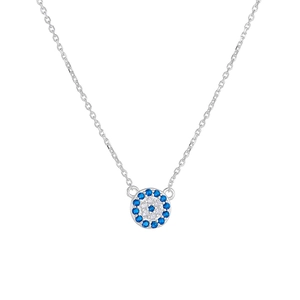 Close-up of S925 silver Evil Eye pendant necklace with blue and white zircon micro-paving
