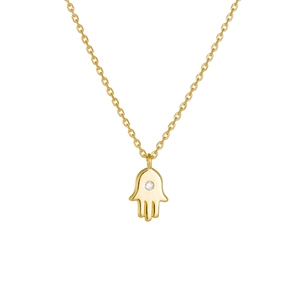 Golden Hamsa hand pendant necklace in S925 sterling silver with a sparkling cubic zirconia