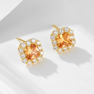 Luxurious S925 silver square amber zircon halo earrings with 18k gold plating