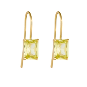 Detailed macro view of S925 silver hook earrings with emerald-cut yellow cubic zirconia