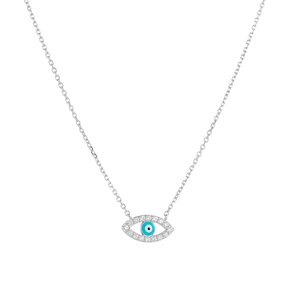 Macro shot of S925 silver Evil Eye pendant with pavé crystals and blue enamel core