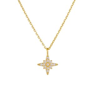 Golden North Star pendant necklace with white cubic zirconia stones on a thin cross chain