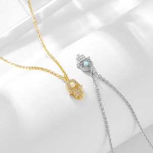 S925 sterling silver Hamsa hand necklace with opal and micro-pave cubic zirconia