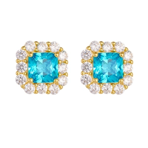 Close-up of square sea blue gemstone stud earrings with white zircon halo in gold plating