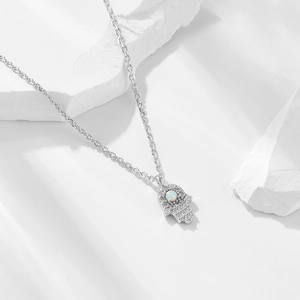 925 silver Hamsa Hand necklace with shimmering opal stone and cubic zirconia inlay