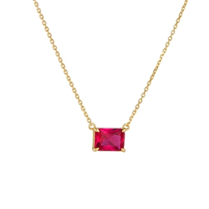 Elegant gold necklace with a rectangular red zircon pendant in four-prong setting
