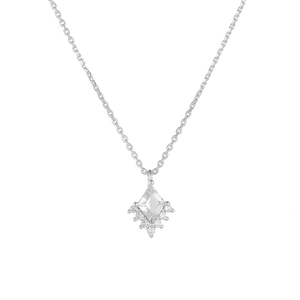Close-up of a 925 silver necklace featuring a kite-cut zircon pendant with pave accents