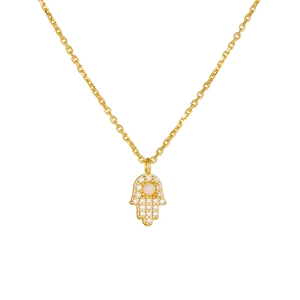 925 silver gold-plated Hamsa Hand necklace with white opal and cubic zirconia inlay