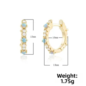 Detailed size view of opal and zircon gold hoop earrings, 14mm diameter, weight 1.75g