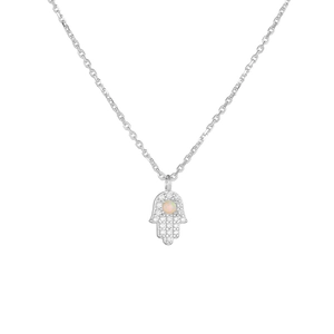 Detailed view of silver Hamsa pendant necklace with opal stone and sparkling diamonds
