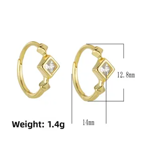 Detailed technical diagram showing 14mm diameter and 12.8mm height of square zircon earrings